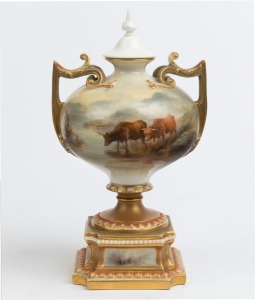 ROYAL WORCESTER English porcelain mantle urn with hand-painted highland cattle scene, signed "JOHN STINTON", circa 1908. Note: White factory blank lid. Puce factory mark to base, 23cm high