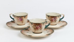 HADLEY'S WORCESTER English porcelain set of three demitasse cups and saucers, (6 items), green factory mark to bases, the saucers 12.5cm wide