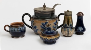 Antique English pottery sugar basin with silver plated lid, together with a lidded condiment pot, salt cellar and two pepper pots, mostly ROYAL DOULTON, 19th/20th century, (5 items). Note: Silver plated lidded pepper pot stamped "J. Stiff & Sons, Lambeth", the larger pepper pot 8.5cm high