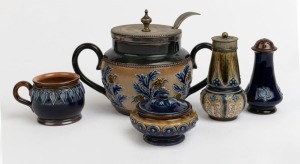 Antique English pottery sugar basin with silver plated lid, together with a lidded condiment pot, salt cellar and two pepper pots, mostly ROYAL DOULTON, 19th/20th century, (5 items). Note: Silver plated lidded pepper pot stamped "J. Stiff & Sons, Lambeth"