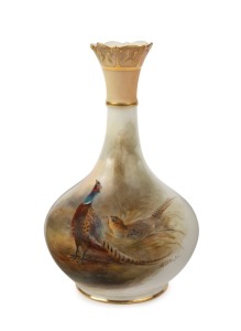 ROYAL WORCESTER antique English porcelain vase with hand-painted pheasant decoration, signed "JAS. STINTON", circa 1913, green factory mark to base, 14cm high