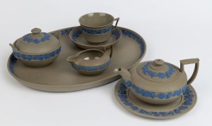 WEDGWOOD antique English Jasper Ware bachelor tea set comprising of a teapot, milk jug, sugar basin, teacup, saucer and plate plus tray, 19th century, (7 items), impressed "WEDGWOOD", the tray 34cm wide