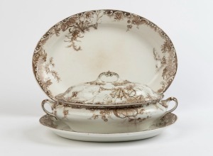 Antique English porcelain tureen and two meat platters adorned with Australian wildflower decoration, 19th century, (3 items), the larger platter stamped "STATE STORES N.S.W.", the tureen 38cm wide