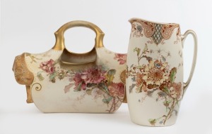 DOULTON BURSLEM two "Waratah" pattern antique English porcelain wash jugs designed by LOUIS BILTON, 19th century, factory mark to bases, the larger 31cm high