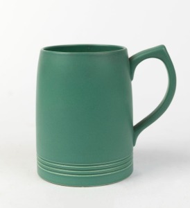 WEDGWOOD green glazed pottery tankard by KEITH MURRAY, circa 1935, stamped "Keith Murray, Wedgwood, Made in England", 13cm high