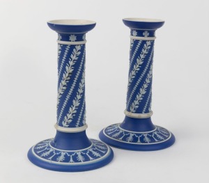 WEDGWOOD pair of antique blue Jasper Ware pottery candlesticks, 19th century, ​​​​​​​stamped "WEDGWOOD", 15cm high