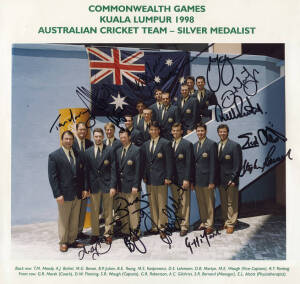 1998 AUSTRALIAN TEAM, official team photograph with title "Commonwealth Games, Kuala Lumpur 1998, Australian Cricket Team - Silver Medalist", with 15 signatures on photo including Steve Waugh, Adam Gilchrist, Ricky Ponting & Darren Lehmann, size 29x28cm.