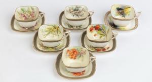 ROYAL WORCESTER six assorted English porcelain teacup and saucer sets with Australian themes including fairy wren, waratah and wattle, (12 items), puce factory marks and titles to base, all retailed by Flavelle Brothers Ltd or Prouds, most examples from the "Miss Ellis Rowan Series", the saucers 12cm wide