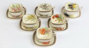 ROYAL WORCESTER six&nbsp;assorted English porcelain teacup and saucer sets with Australian themes including fairy wren, waratah and wattle, (12 items), puce factory marks and titles to base, all retailed by Flavelle Brothers Ltd or Prouds, most examples from t