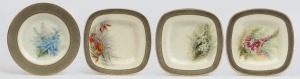 ROYAL WORCESTER four English porcelain plates with Australian wildflower decoration, puce factory marks and titles to base, retailed by Flavelle Brothers Ltd., two examples from the "Miss Ellis Rowan Series", the circular example 15.5cm diameter