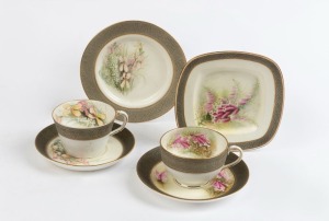 ROYAL WORCESTER two English porcelain teacup, saucer and plate sets with Australian wildflower decoration, (6 items), puce factory marks and titles to base, retailed by Flavelle Brothers Ltd., one example from the "Miss Ellis Rowan Series", the circular plate 15cm diameter