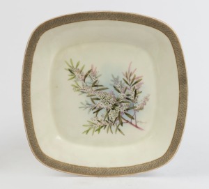 ROYAL WORCESTER "Leptospermum flavescens" English porcelain cabinet plate, hand-painted by "W. HURT", puce factory mark and titled to base, retailed by Flavelle Brothers Ltd., 21.5cm wide