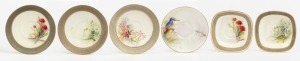 ROYAL WORCESTER group of six assorted English porcelain saucers with hand-painted decoration including waratah, flannel flower, kingfisher etc., puce factory mark to bases, retailed by Flavelle Brothers Ltd or Prouds., the largest 14.5cm diameter