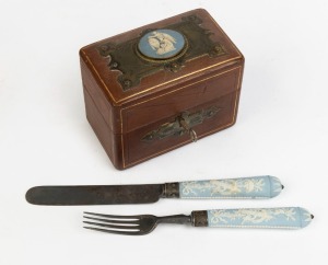 An antique leather box with Jasper Ware top; together with an antique Jasper Ware handled knife and fork, 19th century, (3 items), the box 12cm wide