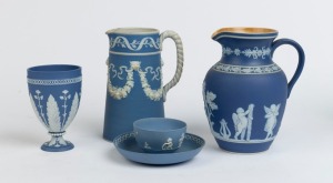 Antique English blue Jasper Ware pottery jugs, goblet, tea bowl and saucer, including WEDGWOOD, PAXTON, LEAR and ADAMS, 19th century, (5 items), the largest 18.5cm high