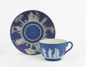 WEDGWOOD fine quality antique blue Jasper Ware pottery teacup and saucer, early 19th century, (2 items), impressed "WEDGWOOD", the saucer 14cm wide