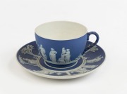 WEDGWOOD fine quality antique blue Jasper Ware pottery teacup and saucer, early 19th century, (2 items), impressed "WEDGWOOD", the saucer 14cm wide - 2
