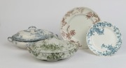 Antique English porcelain tureens and plates including DOULTON BURSLEM&nbsp;"Waratah and Rose", 19th century, (4 items), the larger plate 26cm wide