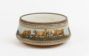 Antique German pottery fruit bowl with silver plated mount, adorned with cattle in landscape, 20th century, 12cm high, 23cm diameter