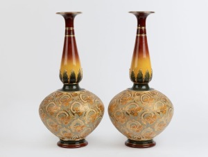 ROYAL DOULTON pair of antique pottery vases with gilded highlights, early 20th century, impressed factory mark to bases, 44cm high