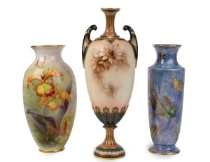 WEDGWOOD hummingbird lustre glazed vase; together with a HADLEY'S WORCESTER floral porcelain vase and a ROYAL DOULTON porcelain vase with hand-painted orchid decoration, 19th and 20th century, (3 items), the largest 28cm high