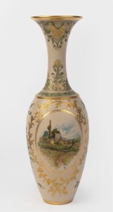 DOULTON LAMBETH "Carrara" antique English porcelain vase with hand-painted country scene vignette, 19th century, factory mark to base, 31cm high