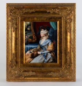 K.P.M. antique German porcelain plaque, hand-painted portrait of a lady, 19th century, stamped "K.P.M.", 24 x 18cm, 45 x 40cm overall
