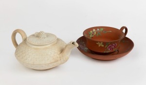 Antique English Cane Ware teapot, WEDGWOOD Capri Ware teacup and saucer and a WEDGWOOD lidded butter dish decorated in the Chinese style, 19th century, (4 items), the butter dish 17cm diameter