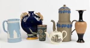 REMAINS OF COLLECTION: Majolica vase, Jasper Ware coffee pot and jug, ROYAL DOULTON stoneware vase, DOULTON LAMBETH beaker and an antique WEDGWOOD Queen Ware teapot, 18th, 19th and 20th century, (6 items), the largest 31cm high