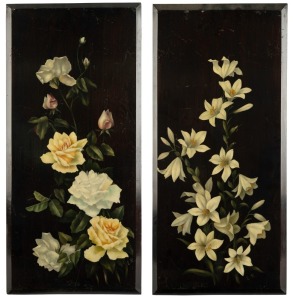 ARTIST UNKNOWN, pair of floral studies, oil on wood panels, both signed lower right "E. R.", 76 x 36cm each overall