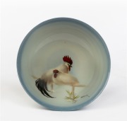 ROYAL DOULTON&nbsp;"TITANIAN" English porcelain bowl adorned with cockerel and hen, signed "F. HENRI", circa 1920, black factory mark to base, 5cm high, 14cm diameter