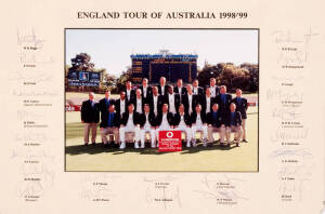 ENGLAND GROUP: 1998-99 England Team photograph with 24 signatures on mount; Freddie Brown group with photographs (7) & ephemera; 1920-21 Tour photos (2); also "The Jock Livingston Testimonial Handbook" signed on front cover by Jock Livingston; press photo