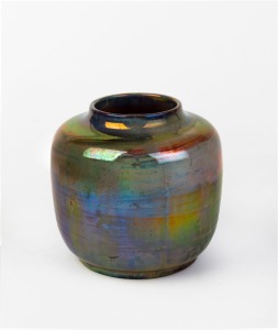 ROYAL LANCASTRIAN blue lustre English porcelain vase by RICHARD JOYCE, circa 1904, artist's monogram and fish mark to base, with additional impressed marks, 12cm high