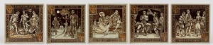 MINTON five 8' square English porcelain tiles by JOHN MOYR SMITH, depicting scenes from The Waverley novels by Sir Walter Scott, circa 1877-8, factory marks to reverse, 20.5 x 20.5cm