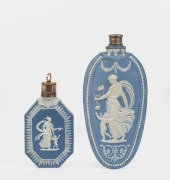 WEDGWOOD two antique English Jasper Ware pottery scent bottles with silver and rose gold tops, 18th/19th century, 11cm and 7.5cm high