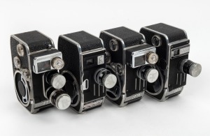 BOLEX-PAILLARD: Four c. 1950s double-8 movie cameras with all lens caps present - one B8L with two lenses, one C8 with one lens, one C8L with one lens, and one C8S with one lens. (4 movie cameras)