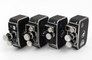 BOLEX-PAILLARD: Four c. 1950s double-8 movie cameras with all lens caps present - one B8 with two lenses, one B8SL with two lenses, one B8L with two lenses, and one C8SL with one lens. (4 movie cameras)