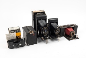 KODAK: Five film cameras - one c. 1907 No. 2 Folding Pocket Brownie with red bellows, one c. 1915 No. 2 Folding Autographic Brownie, one c. 1924 No. 2 Brownie UK Model F, one c. 1926 No. 1A Pocket in maker's box, and one c. 1936 Bullet in maker's box with