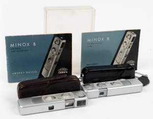 MINOX: Two c. 1960s chrome-body Minox B subminiature cameras [#671070 & #849467], one of which with 'Wetzlar' engraving on rear, with two leather cases, one chain, branded plastic case, and two instruction booklets. (2 cameras)