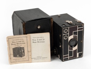 KODAK: Two-tone Beau Brownie box camera with Art Deco pattern, c. 1930, in maker's box with instruction booklet.