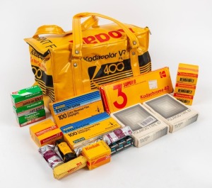 VARIOUS MANUFACTURERS: Kodak 'Print Film' bag containing an accumulation of twenty expired film products, most of them boxed, including 35mm film, 120 film, Super 8 movie film, among other formats, with brands such as Kodak, Polaroid, and Fuji. (21 items 