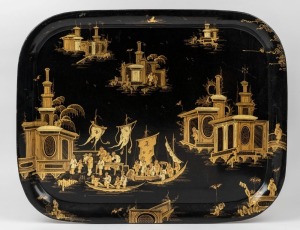 An antique toll ware Japanned and gilt chinoiserie decorated table tray, circa 1900, 58 x 73cm