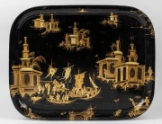 An antique toll ware Japanned and gilt chinoiserie decorated table tray, circa 1900, 58 x 73cm