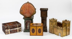 Six assorted antique and vintage biscuit tins including William Crawford & Sons Ltd., a rare castle example by Peek Freans Biscuits, longcase clock example and others, 19th and 20th century, the largest 29cm high