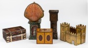 Six assorted antique and vintage biscuit tins including William Crawford & Sons Ltd., a rare castle example by Peek Freans&nbsp;Biscuits, longcase clock example and others, 19th and 20th century, the largest 29cm high