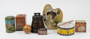 Nine assorted vintage and antique tins including drum, Bell, Lyons Tea, toffees, etc, the largest 18cm high