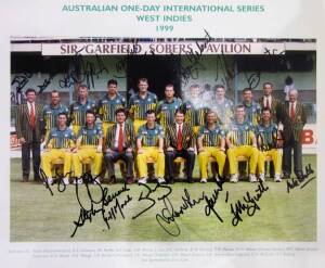 1999 AUSTRALIAN TEAM, official team photograph with title "Australian One-Day International Series, West Indies, 1999", with 17 signatures on photo including Steve Waugh, Adam Gilchrist, Ricky Ponting & Shane Warne, size 34x28cm.