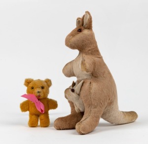 A vintage Australian teddy bear and a vintage kangaroo and joey doll, circa 1970-80s, (2 items), 10cm and 24cm high