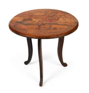 An Australian pokerwork circular occasional table with Medieval landscape scene with figures in castle, circa 1925, 54cm high, 60cm diameter