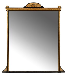 W. H. ROCKE & Co. of MELBOURNE antique overmantle mirror in ebonised and gilt frame with hand-painted crest, circa 1880, bearing oval retailer's plaque on reverse "W. H. Rocke & Co., Melbourne", 162cm high, 144cm wide